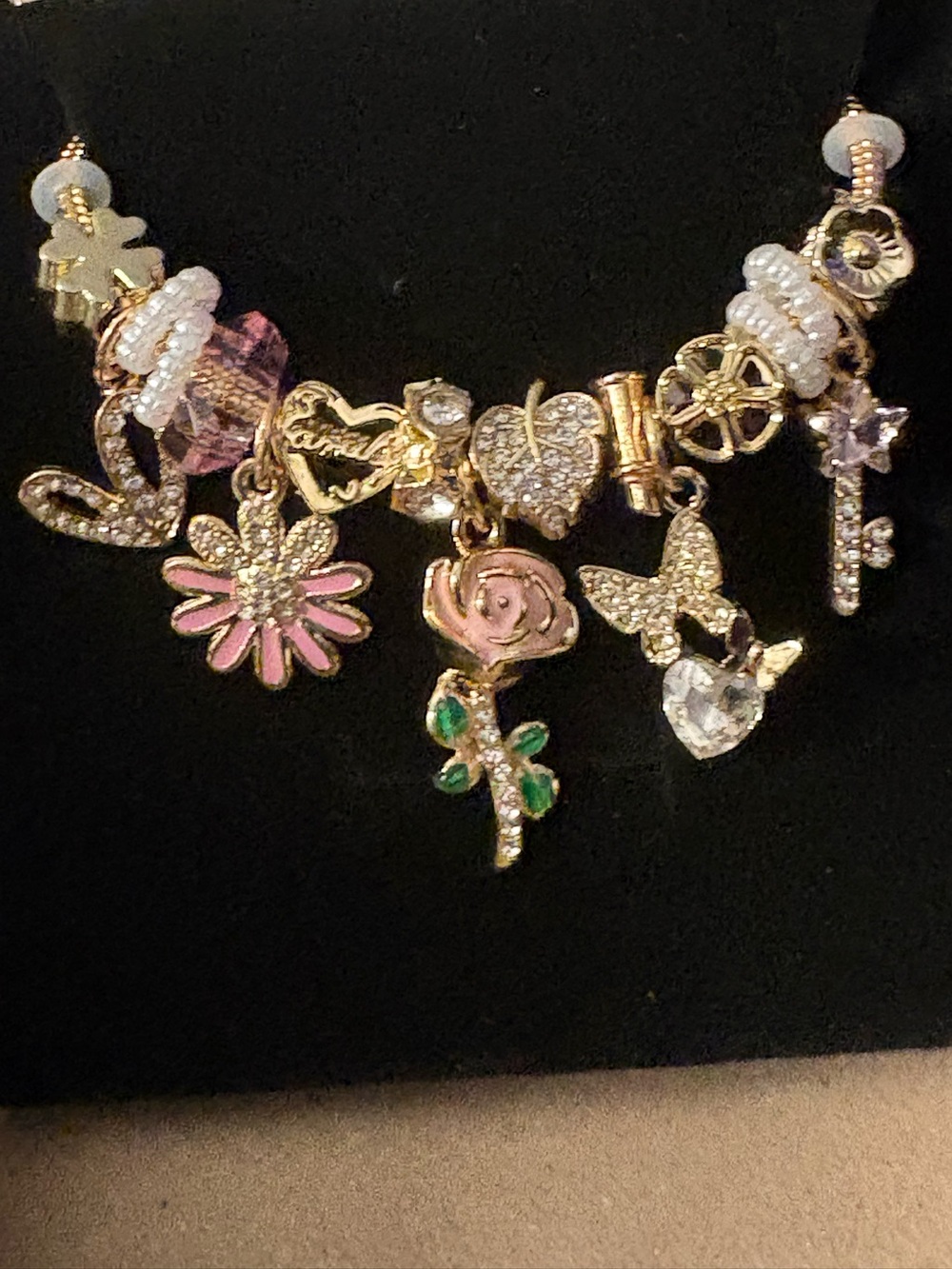 Bracelet- Gold Tone Alloy Bracelet Steel  Charm Bangle Bracelet, Charms with Rhi